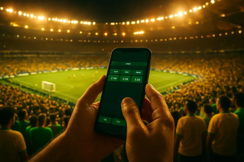 Mãos segurando smartphone com odds ao vivo no Maracanã lotado à noite