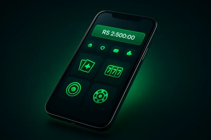 Smartphone moderno flutuando com app de cassino premium em tema escuro