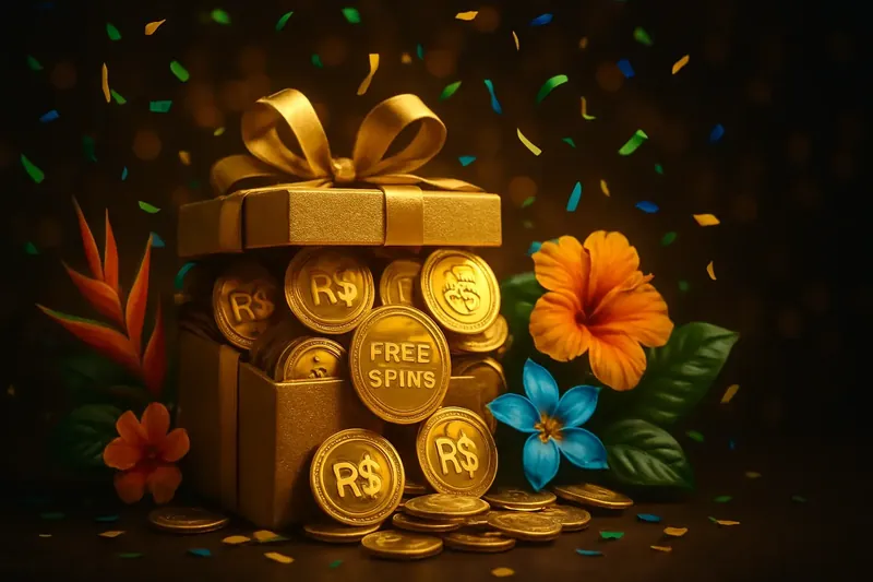 Caixa dourada com moedas de real, fichas e confete verde amarelo azul