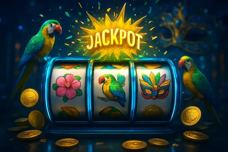 Caça-níqueis brasileiro com rolos coloridos, símbolos tropicais e moedas de real