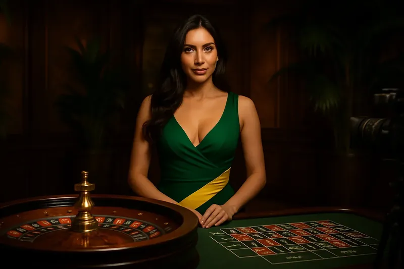 Estúdio de cassino ao vivo com dealer brasileira na mesa de roleta