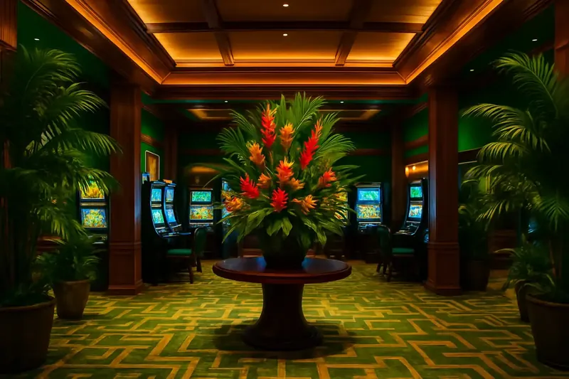 Lobby de cassino brasileiro elegante com decoração tropical e telas iluminadas