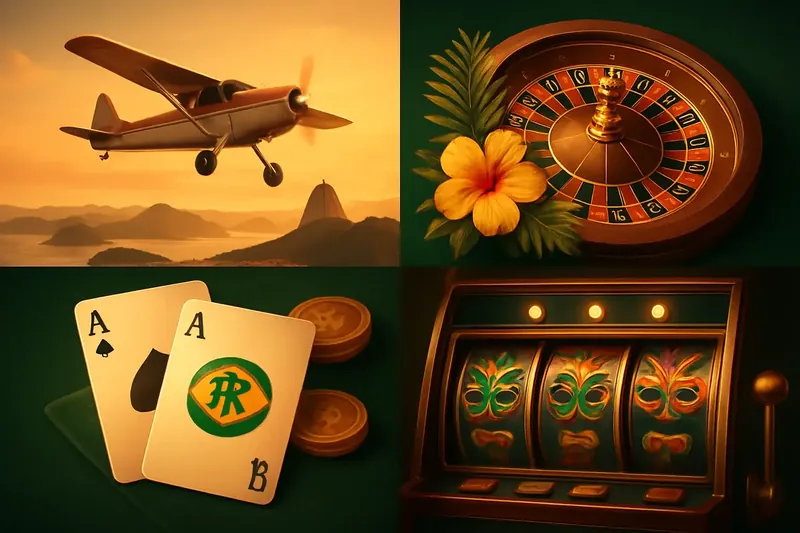 Colagem de jogos de cassino brasileiros com Rio, roleta, blackjack e slots